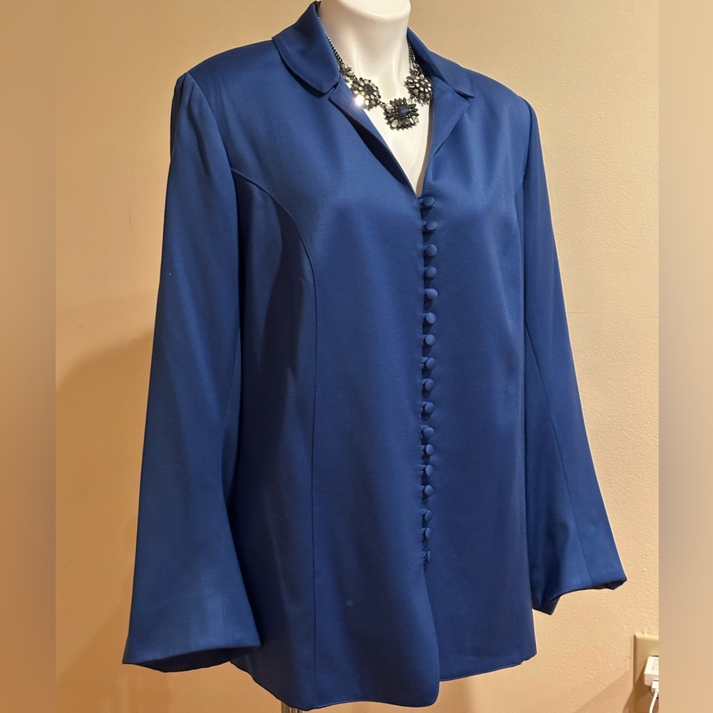 Jimmy Gamba Blue Vintage Pant Suit Set Sz 16 Fabric Buttons Bell Sleeves Collard
